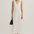 Women's pure white deep V flowy midi dress