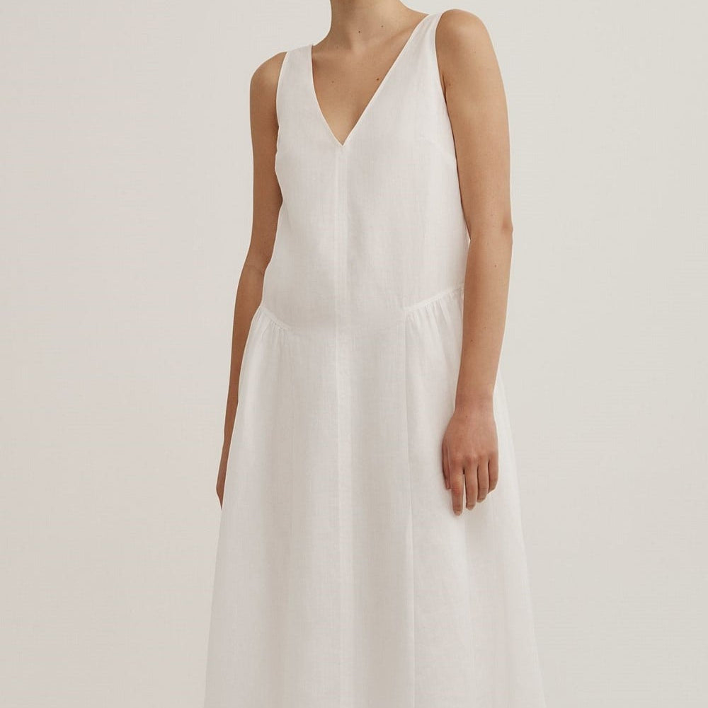 A sleeveless white V-neck maxi dress worn by a model, shown from the neck down against a plain light beige studio background.